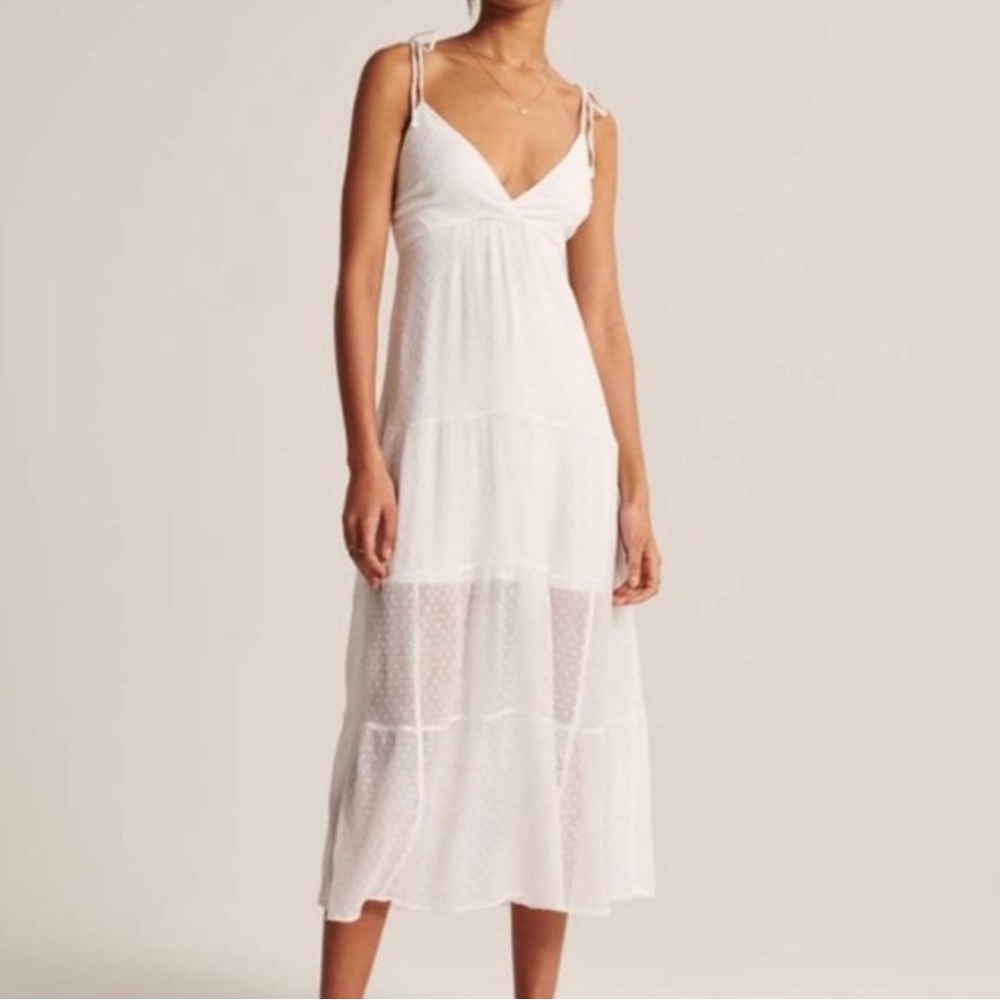 Abercrombie & Fitch White Tiered Swiss Dot Midi Dress